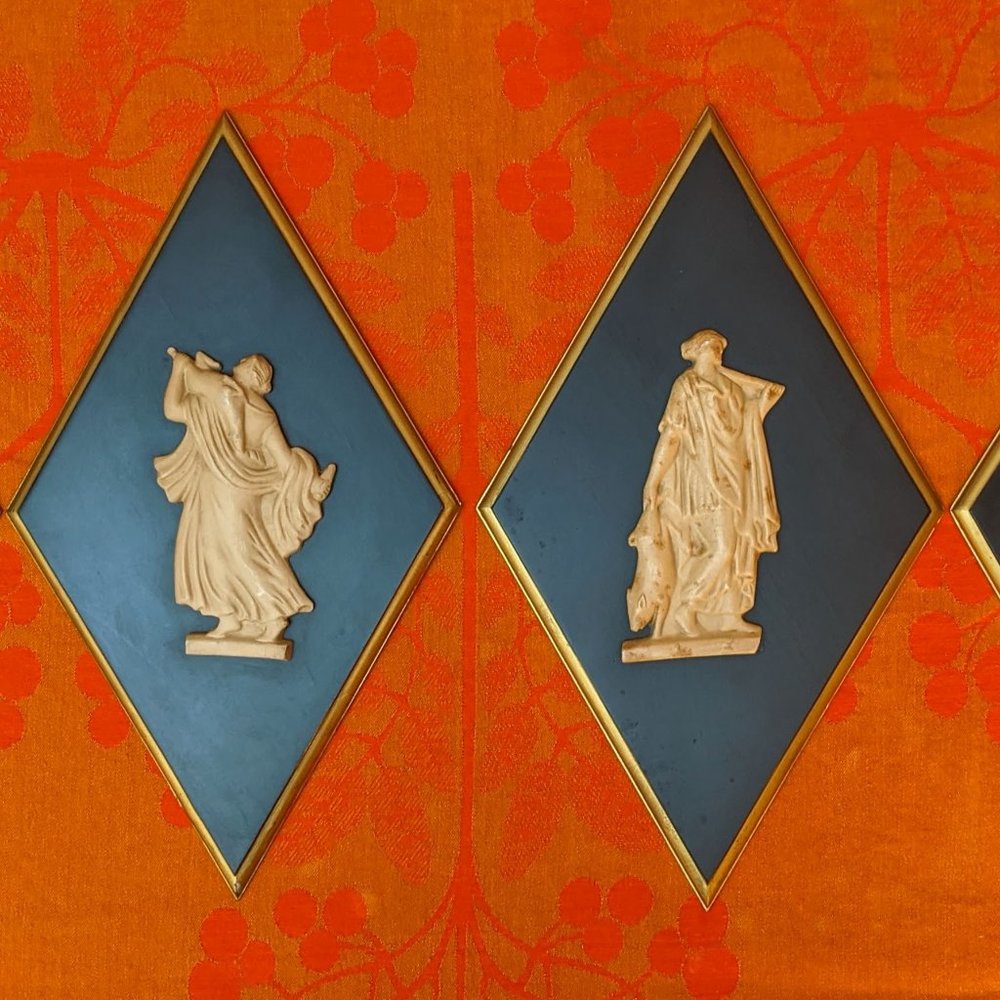 Set 4 Mid-century diamond shaped decorative plaques w/ Maenads Hollywood Regency